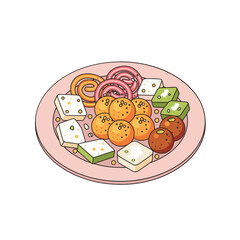 Plate of assorted Indian sweets and snacks in flat design style on white background