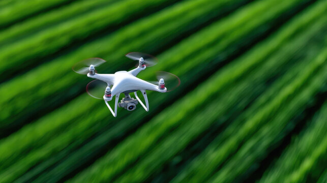 Drone aerial camera over green crop field showing agricultural inspection and precision mapping