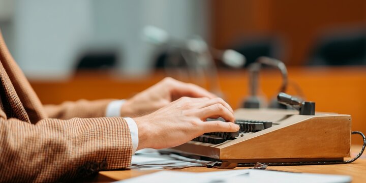 Close-up of a stenographer&rsquo;s hands typing on a vintage court machine during a trial. The scene features formal attire, legal books in the background, and a courtroom atmosphere, symbolizing 