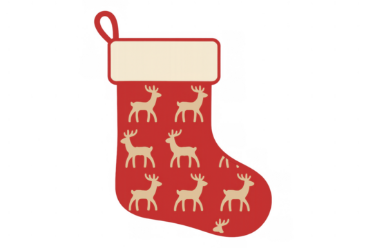 Red christmas stocking with reindeer pattern displaying festive holiday tradition, ready for gifts and winter celebration