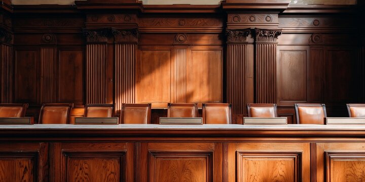 Elegant empty courtroom with classic wooden paneling and leather chairs lined up for judges or legal representatives. The warm lighting highlights the structure’s refined details and solemn atmosphere