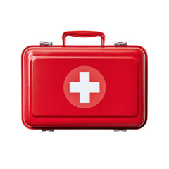 Obraz premium Red metal first aid kit with white cross emblem emergency medical supplies box isolated on transparent background