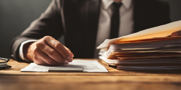 Close-up of a lawyer&rsquo;s hands reviewing legal documents at a wooden desk. A large stack of case files is visible, symbolizing legal work and paperwork in a professional law office.