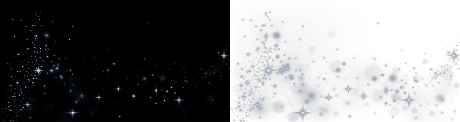 Sparkling starry overlay illustration featuring shimmering stars and soft bokeh effects on contrasting black and white backgrounds, perfect for enhancing designs with magical ambiance