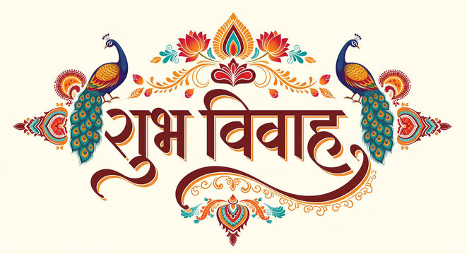 Decorative Shubh Vivah Hindi Wedding Illustration, Indian Culture