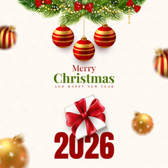 merry christmas, happy new year 2026 card template, luxury christmas new year greeting poster design, 2026 holiday background with christmas decorations, new year's eve invitation, red and gold xmas