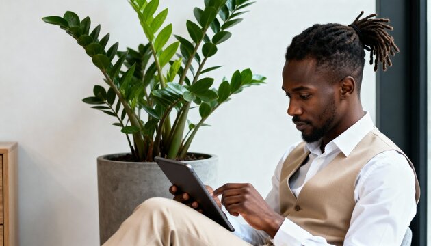 Focused Black businessman working on a digital tablet in a modern office. Professional man with dreadlocks using technology for remote work