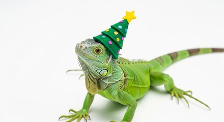 iguana wearing a Christmas tree hat, holiday animal graphic, on a white background