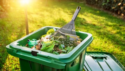 green garden waste in bin during spring garden cleaning spring garden waste green bin cleaning compost recycle
