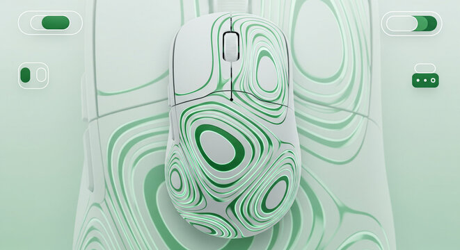 Modern ergonomic mouse with organic green pattern design perfect for professional use, innovative technology concept