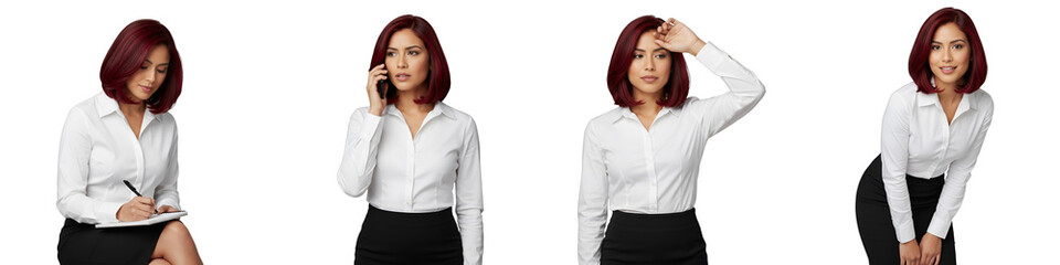 Four secretaries, professional, show writing, calls, fatigue, and engagement. Isolated on transparent background. Ideal for business, HR, and administrative design needs.