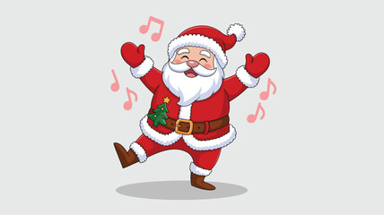  Santa Claus dancing joyfully with Christmas tree on belt and musical notes around him, festive cartoon illustration full of holiday cheer