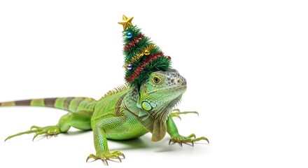 Fototapeta premium iguana wearing a Christmas tree hat, holiday animal graphic, on a white background