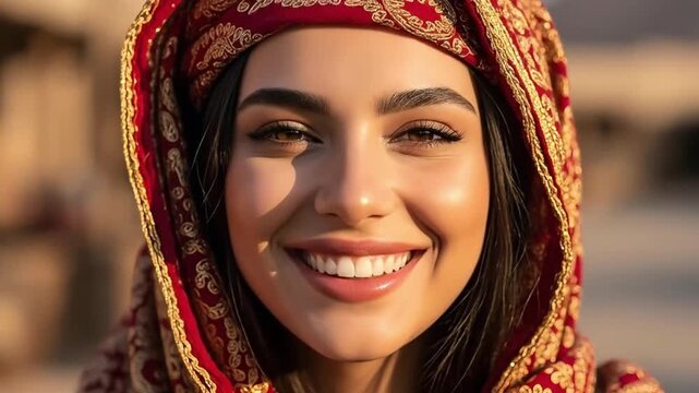 Joyful video portrait of a woman wearing a traditional scarf outdoors.
