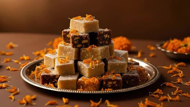 festive stack of indian sweets, barfi and mithai, on silver tray with marigold petals. warm, celebratory mood for diwali or raksha bandhan. greeting card, banner, invitation with copy space.