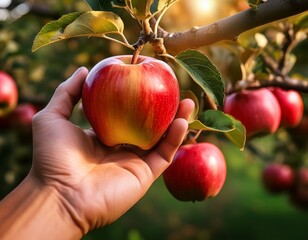 a close up of a hand picking a ripe apple from a tree apple harvest orchard fruit picking hand farm tree