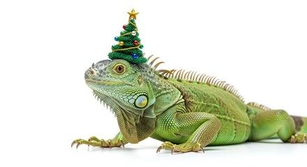 Obraz premium iguana wearing a Christmas tree hat, holiday animal graphic, on a white background