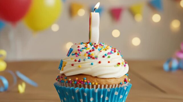 8th birthday cupcake with candle, sprinkles, and "happy birthday" letters