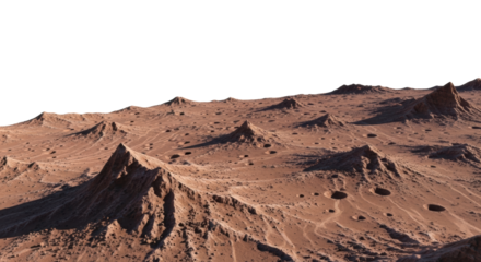 A vast, uninhabited, reddish-brown alien landscape, textured with dust, debris, and striations, isolated against a transparent background with copy space, soft studio lighting. Concept for scientific