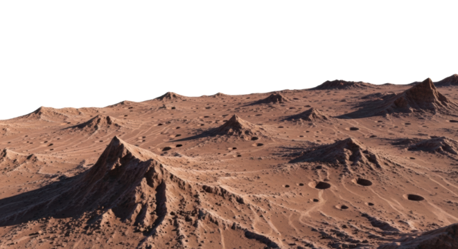 A vast, uninhabited, reddish-brown alien landscape, textured with dust, debris, and striations, isolated against a transparent background with copy space, soft studio lighting. Concept for scientific