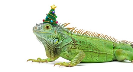 Fototapeta premium iguana wearing a Christmas tree hat, holiday animal graphic, on a white background