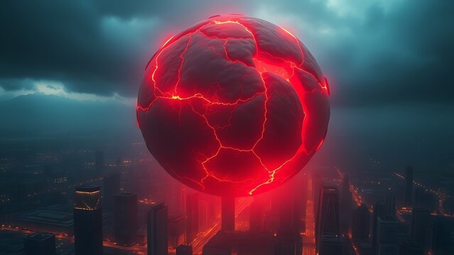 tectonic. Glowing red continent floating over a city, with luminous tectonic cracks spreading ominously. ESG reports.