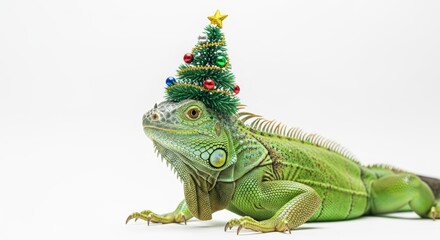 Obraz premium iguana wearing a Christmas tree hat, holiday animal graphic, on a white background