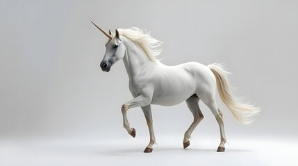 Obraz premium Majestic Unicorn in Motion: A mythical unicorn, its pure white coat glistening, gracefully strides forward with a majestic air, a symbol of magic and wonder. 