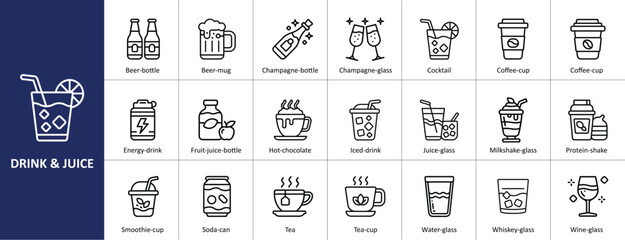 Drink and juice icons set with alcoholic, non-alcoholic, and beverage concepts