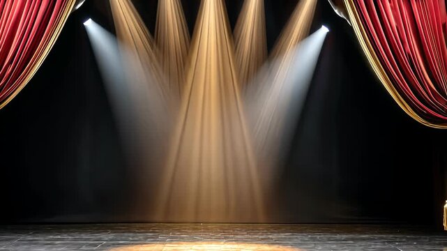 Bright lights shine on an empty theater stage ready for performance in a grand venue