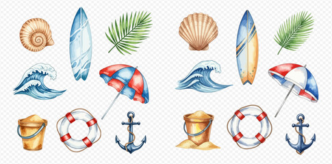 Watercolor collection of summer and beach elements including seashells, surfboards, waves, umbrellas, sand buckets, lifebuoys, and anchors on a transparent background. © studio