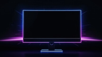 A futuristic gaming monitor with a glowing blue and pink neon light frame. Blank screen mockup for presentation. Modern technology and digital entertainment concept with copy space