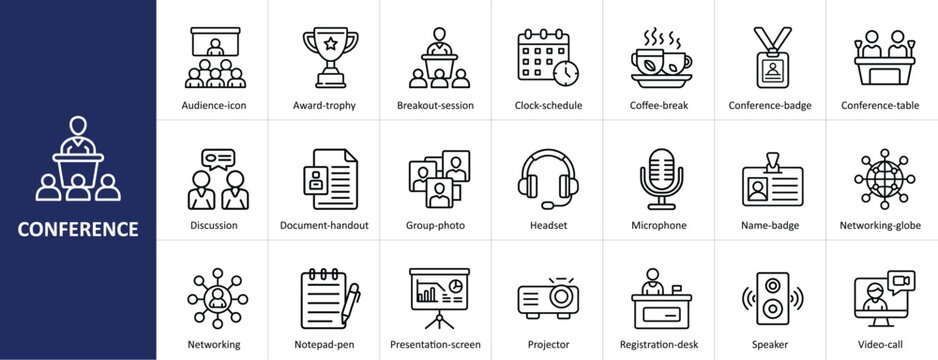 Conference icons set with event, meeting, presentation, and networking concepts
