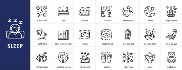 Sleep vector icons set with nighttime, rest, and bedroom elements