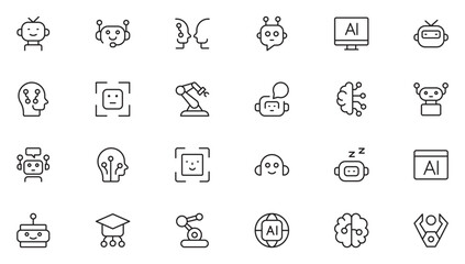 Robotics And Ai Icon Set. AI Essentials line Icon collection, artificial intelligence icon set in line style, machine learning, smart robotic Free Vector. Thin outline icons pack. Vector illustration