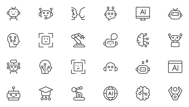 Robotics And Ai Icon Set. AI Essentials line Icon collection, artificial intelligence icon set in line style, machine learning, smart robotic Free Vector. Thin outline icons pack. Vector illustration