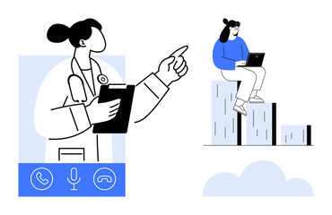 Doctor holding clipboard, gesturing during a virtual call, screen icons below. Woman sitting on bar charts with laptop. Ideal for remote work, healthcare, telemedicine, growth, education