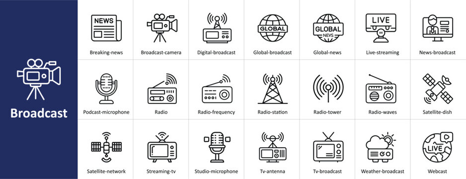 Broadcast Vector Icon Set with News, Radio, Television, and Communication Symbols