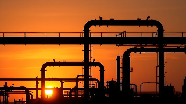 Abstract industrial silhouette against a sunset sky, featuring geometric pipe structures in artistic patterns.