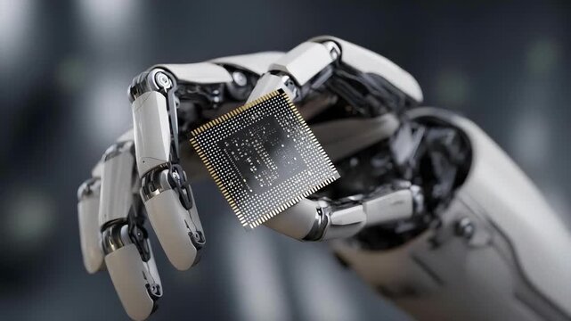 A robotic hand holding a computer processor/microchip between its metal fingers.