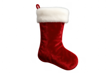 Red christmas stocking hanging, traditional holiday decoration for presents, celebration, and festive season on transparent background