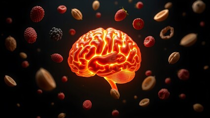 Vibrant glowing brain model surrounded by floating nutritious foods on a dark background.