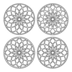 Four geometric mandala circle patterns in vibrant colors