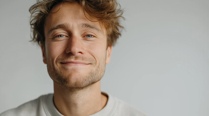 Obraz premium Close-up portrait of a handsome man smiling with bright blue eyes.