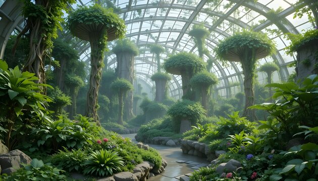 &ldquo;Smart eco-dome filled with lush green vegetation, robotic gardeners, and floating oxygen pods.&rdquo;
