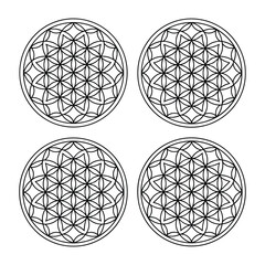 Four geometric mandala circle patterns with vibrant colors