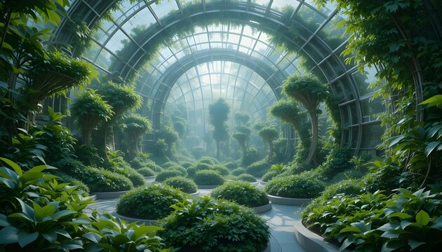 &ldquo;Smart eco-dome filled with lush green vegetation, robotic gardeners, and floating oxygen pods.&rdquo;
