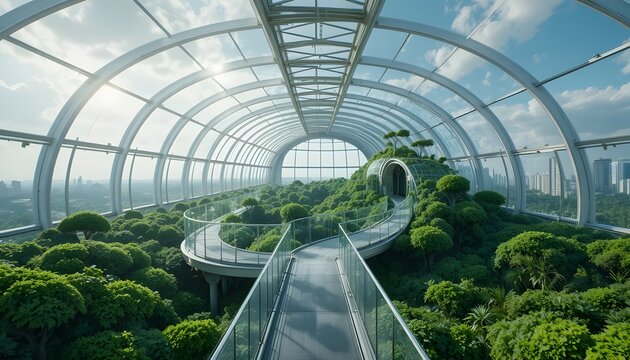 &ldquo;AI-controlled greenhouse in the sky, filled with emerald moss walls and transparent walkways.&rdquo;
