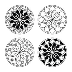 Four geometric mandala circle patterns in vibrant colors