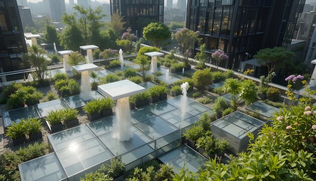 &ldquo;Urban rooftop gardens powered by solar glass panels, covered in deep green vines and smart irrigation.&rdquo;
